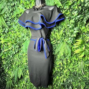 GIBIU Women Dress Small Black Off‎ Shoulder Sheath Ruffle Pencil Tie Waist 0607